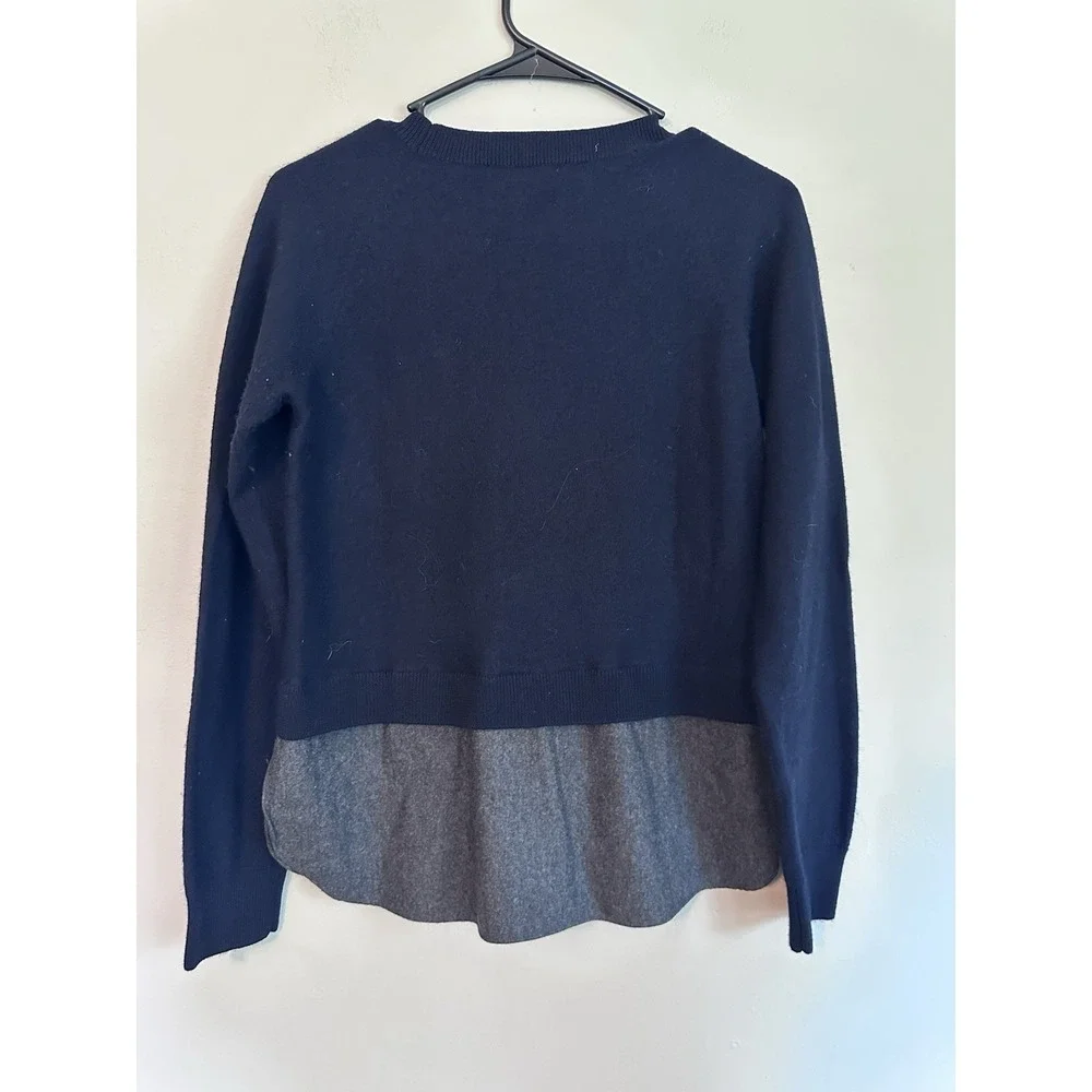 Carven 100% Wool SMALL Layered Sweater Crew Neck Navy Blue Dress Shirt Structure